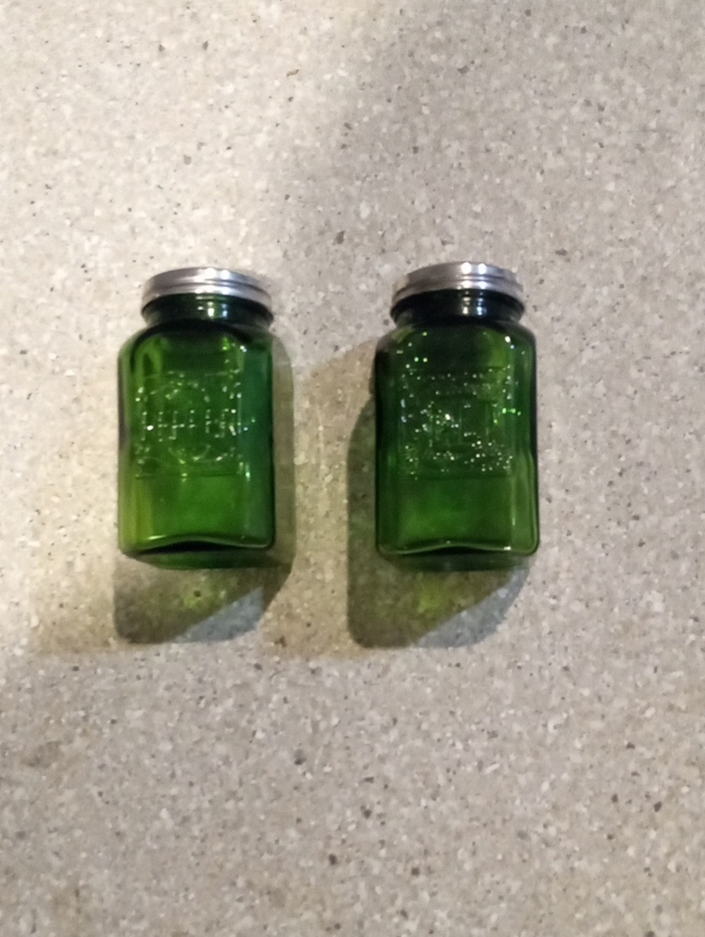 #812 Green Glass Salt&Pepper  Jars with Silver Lids - Set